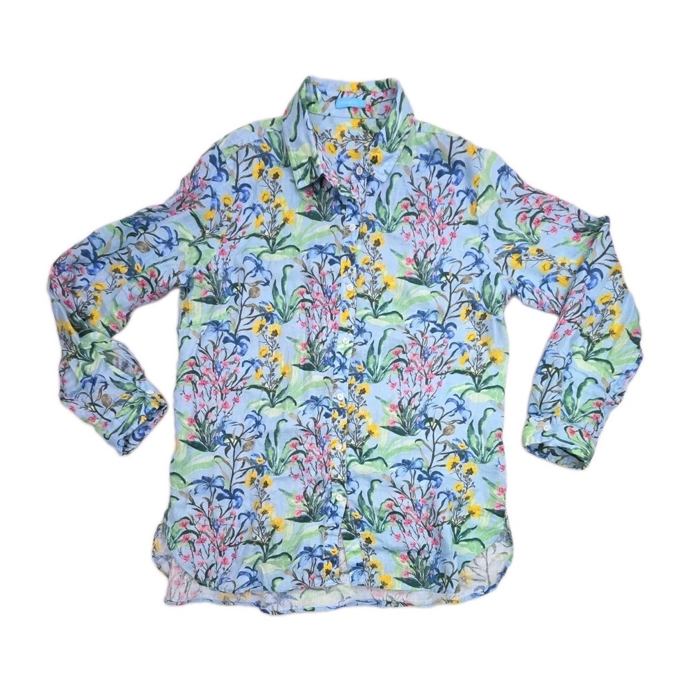 J. McLaughlin Britt Blouse 100% Linen Button Down Shirt Floral Pastel Size Large
